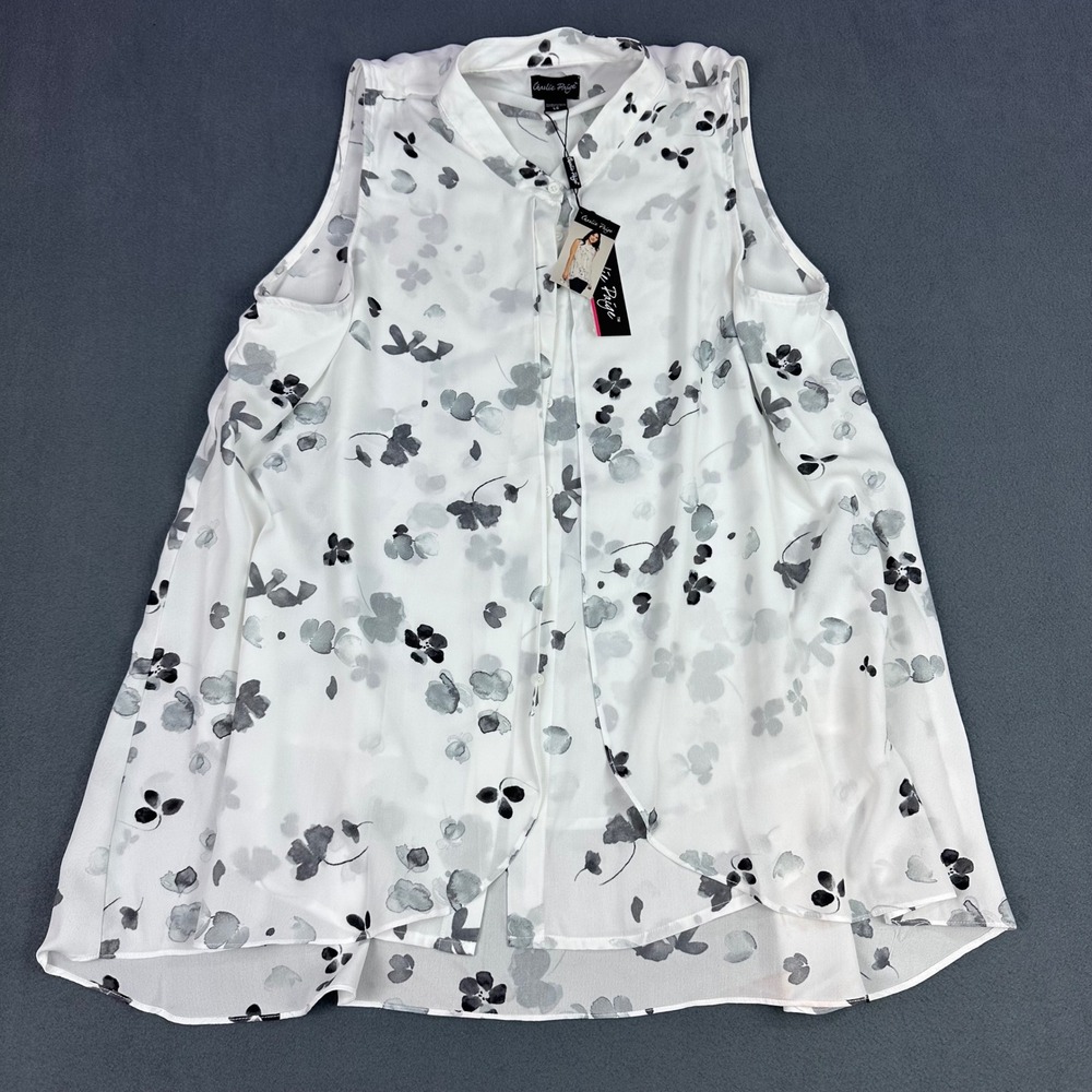 Charlie Paige White Grey Floral Sleeveless Chiffon Blouse Mandarin Collar Large